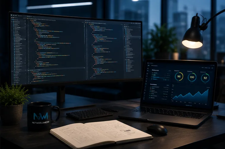Entwickler-Arbeitsplatz mit Code auf den Bildschirmen