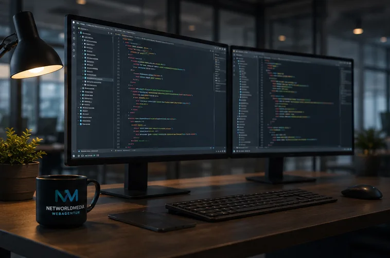 Monitore mit Programmcode am Arbeitsplatz
