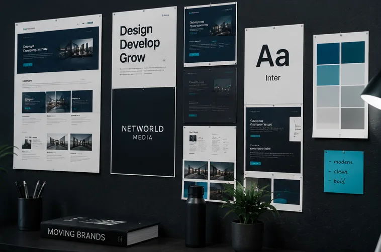 Design-Boards mit Typografie und Farbwelt an der Wand