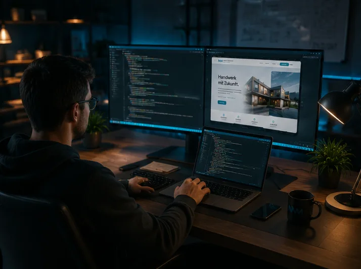 Zwei Monitore mit Quellcode und Entwicklungsumgebung im Büro