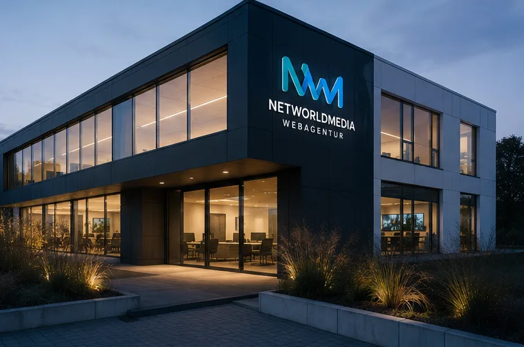 Das NetWorldMedia-Gebäude in Ettringen am Abend