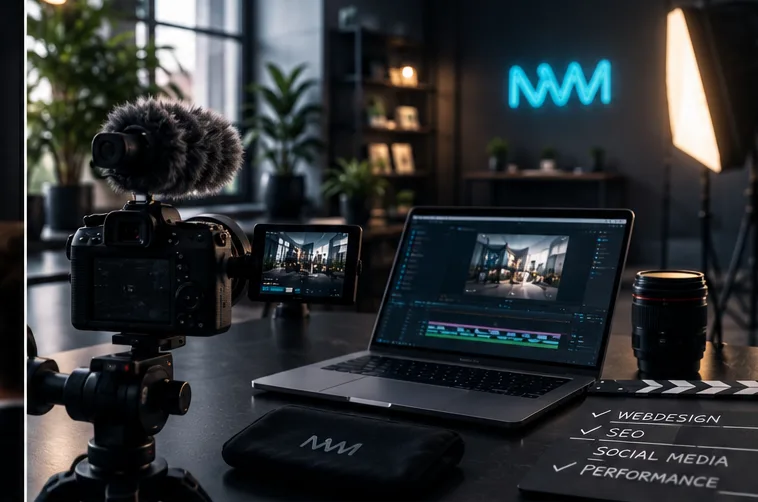 Arbeitsplatz mit NetWorldMedia-Logo im Hintergrund