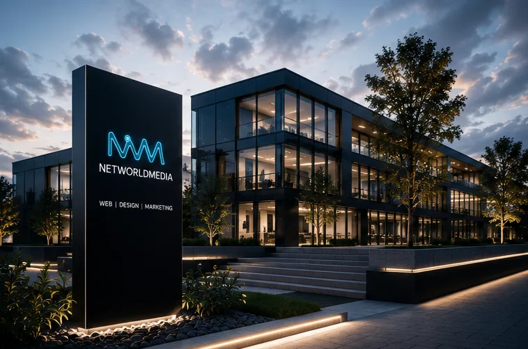 Firmenschild von NetWorldMedia am Standort Ettringen