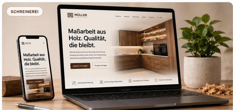 Website der Schreinerei Müller auf Laptop und Smartphone