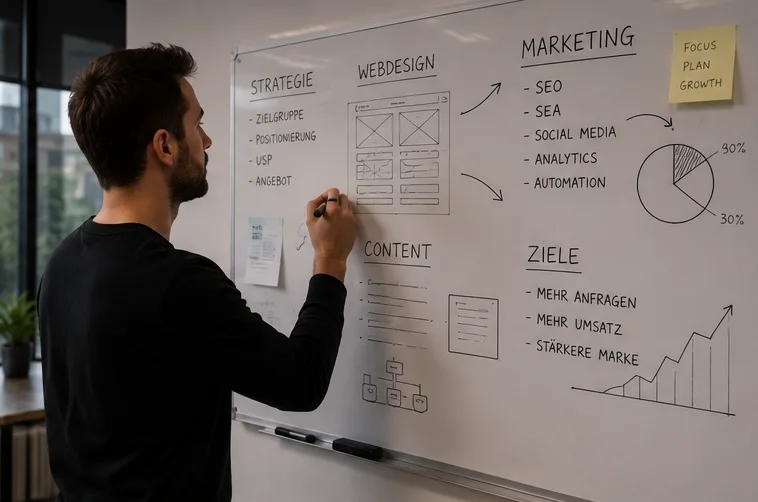 Strategie-Skizzen und Kennzahlen am Whiteboard