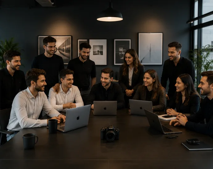 Das Team arbeitet gemeinsam am Tisch