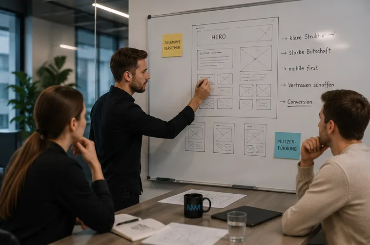 Team entwickelt die Struktur einer Website am Whiteboard